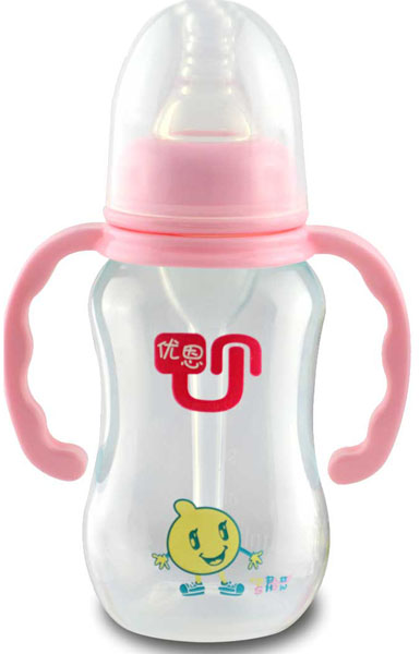 優恩粉色標口帶手柄防脹氣PP奶瓶180ml