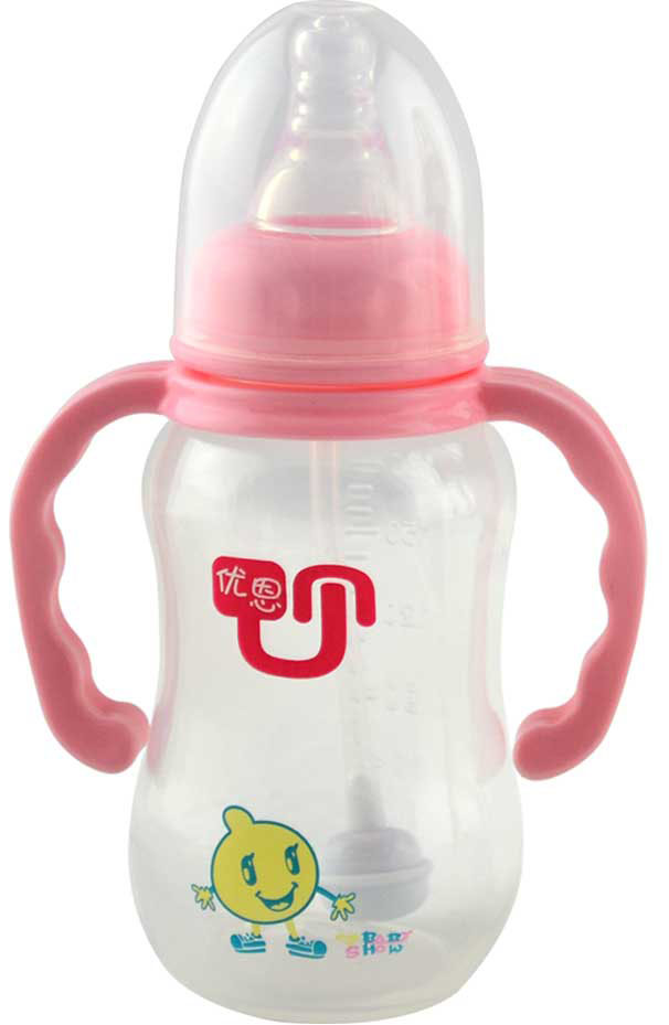 優恩粉色標口帶手柄PP奶瓶180ml