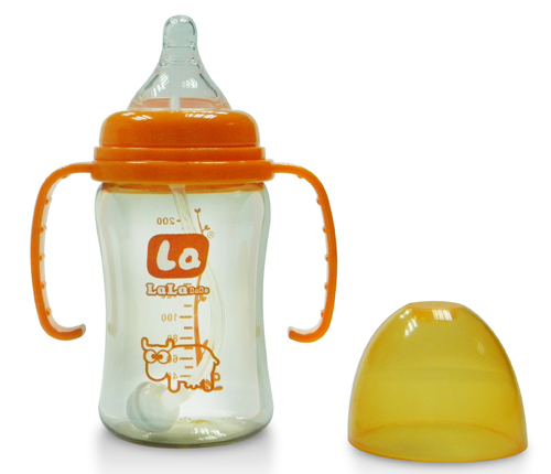 樂樂寶貝嬰幼兒帶炳奶瓶橘紅色
