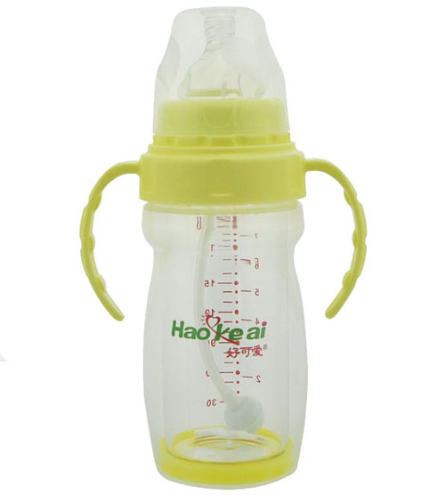 好可愛寬口自動吸管手柄雙層晶鉆玻璃奶瓶240ML