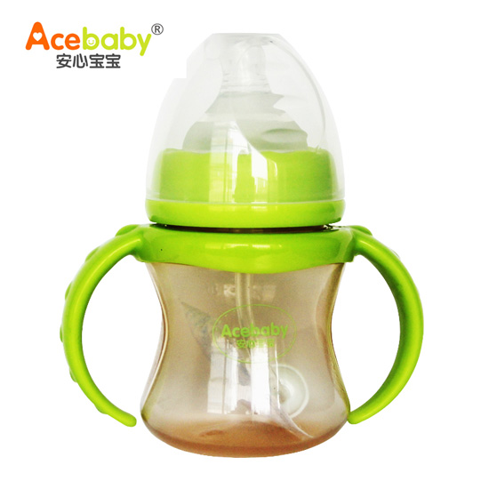 安心寶寶150ml寬口納米銀抗菌雙耳自動PP奶瓶綠色手柄