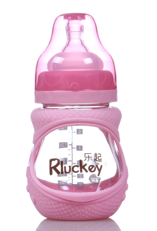 樂起180ml防摔玻璃奶瓶粉色不帶柄