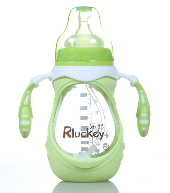 樂起240ml防摔玻璃奶瓶綠色帶柄